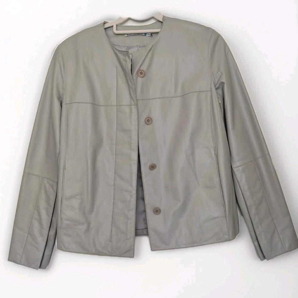 Max Studio Gray Collarless Leather Jacket Women's Button Front Minimalist Size 6